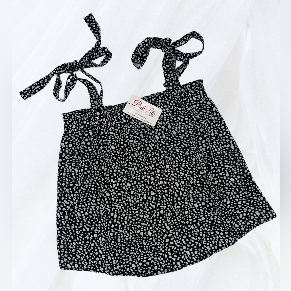 Pink Lily Black & White Polka Dot Tie-Strap Smocked Top